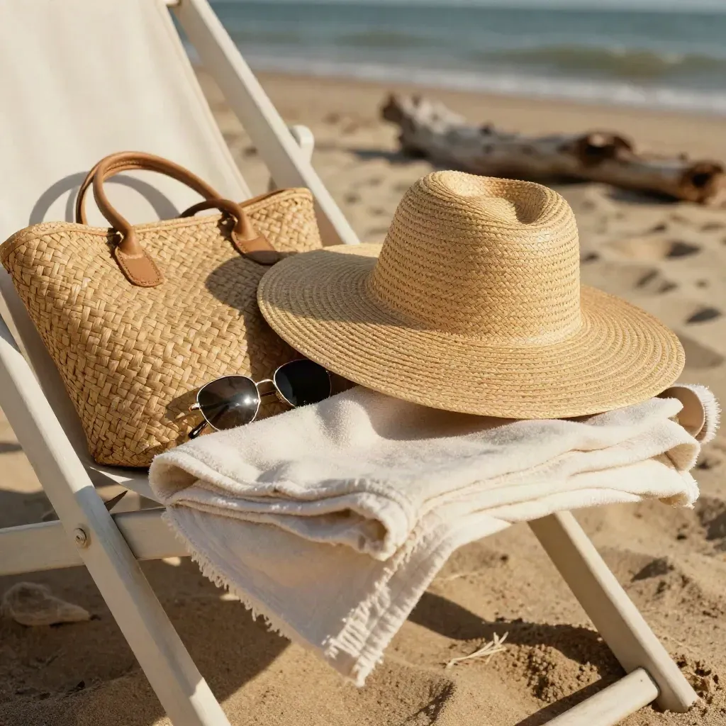 Straw sun hat, towel, tote, and sunglasses on a deck chair in bright beach light.