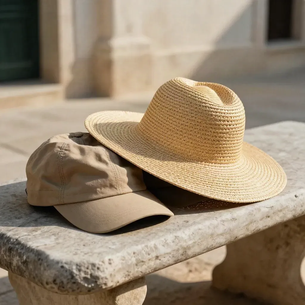 Straw sun hat shadows two compact caps on a stone bench in bright courtyard haze.