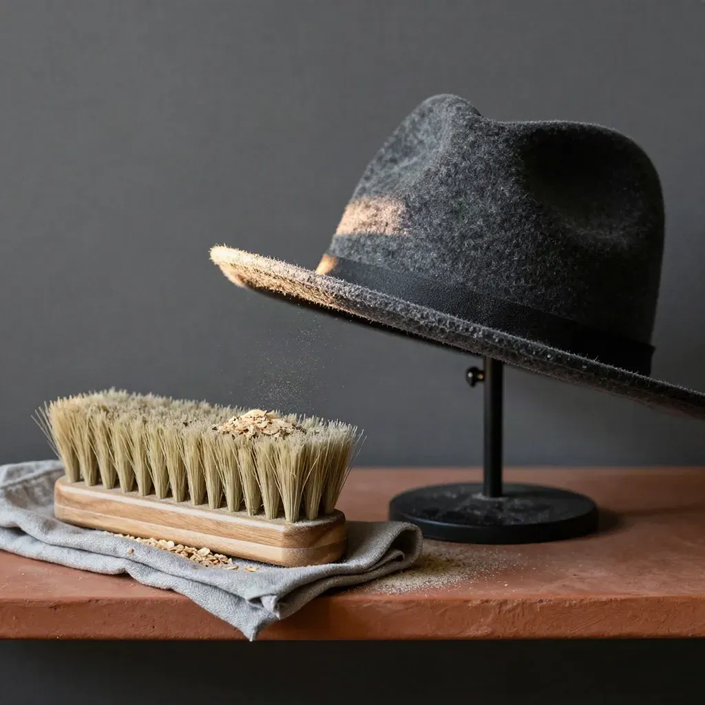 Hat care tools beside a freshly brushed felt brim on a shelf, dust still hanging in the air.