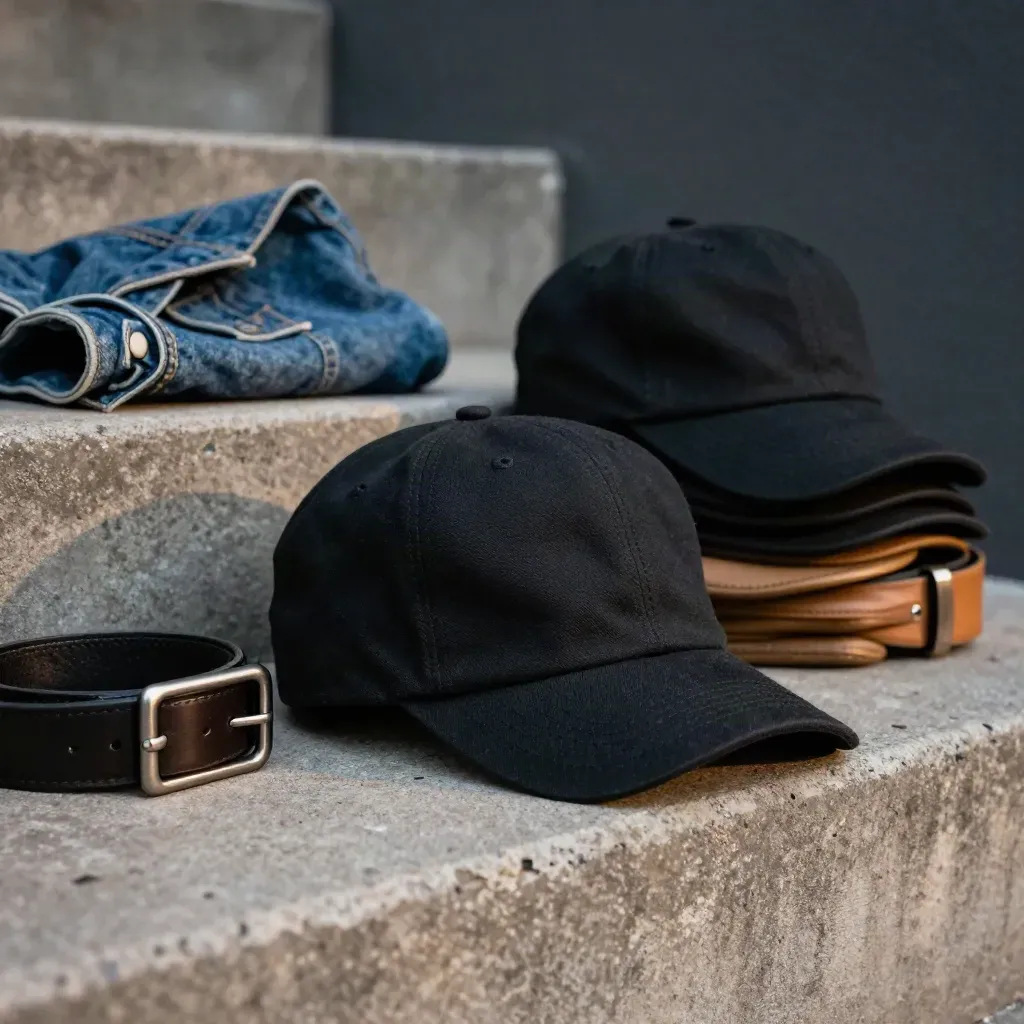Stacked black canvas caps with denim and leather on concrete steps against a dark wall.