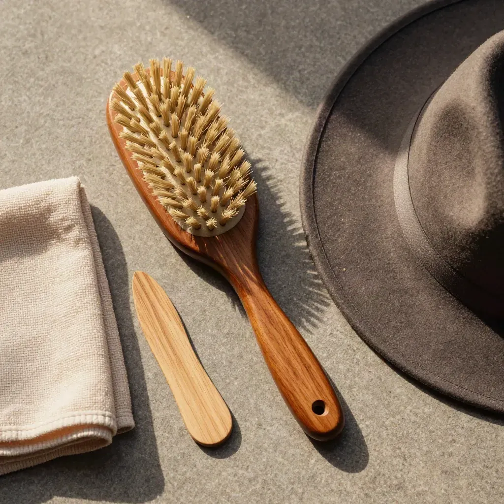 Top-down flatlay of a hat brush, microfiber cloth, cedar shaper, and felt fedora edge