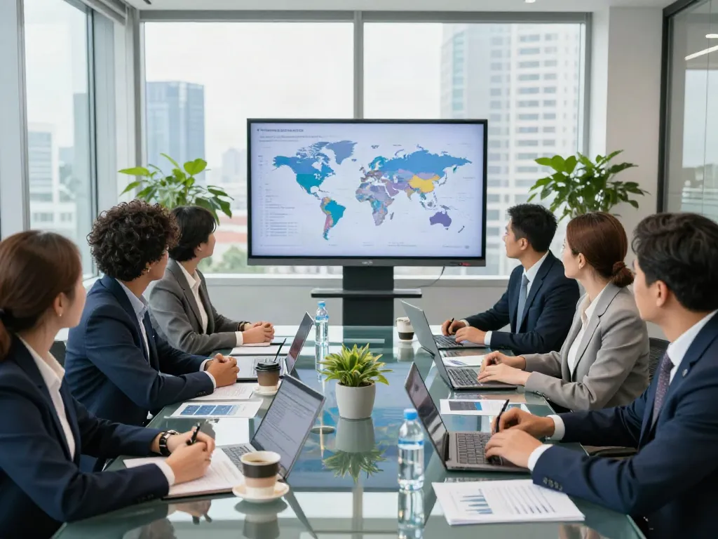 Collaborative meeting at Lead Roedl showcasing diverse legal advisors discussing international business strategies.